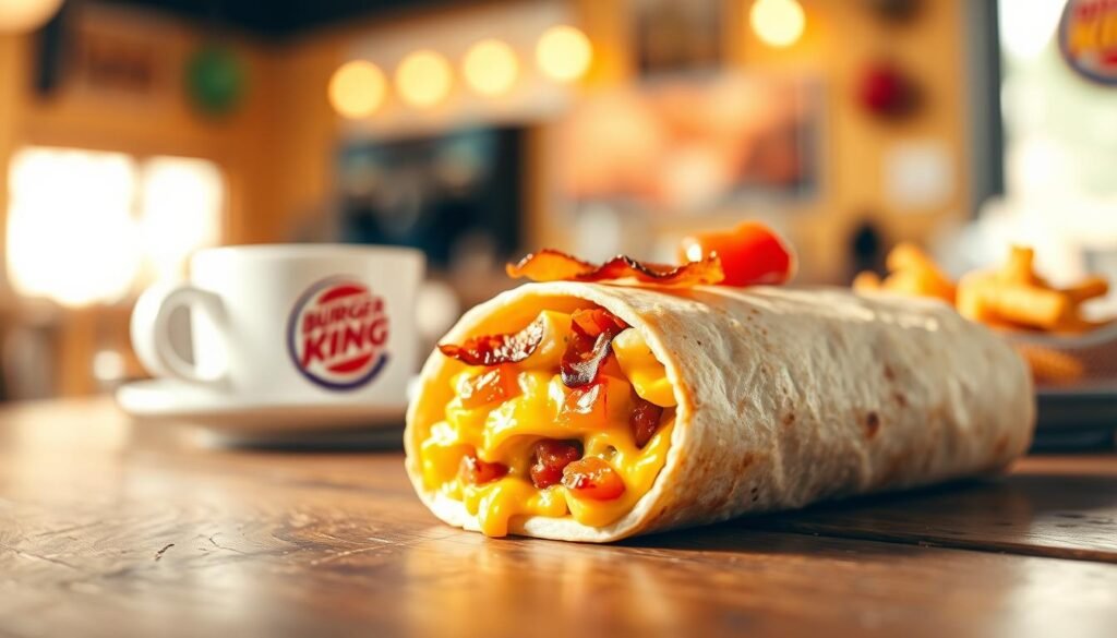A detailed image of a Burger King Breakfast Burrito Jr. placed prominently in the foreground, showcasing its warm, soft tortilla filled with scrambled eggs, melted cheese, crispy bacon, and fresh salsa that peeks out. The burrito should be on a rustic wooden table, adding a homely feel. In the middle ground, a well-lit breakfast setting with a steaming cup of coffee and an inviting side of hash browns to complement the burrito’s presentation. The background features a blurred diner scene, giving a cozy, breakfast atmosphere with soft morning light streaming in through a window. Use a shallow depth of field to keep the focus on the burrito while creating a warm, inviting vibe, enhancing the colors of the ingredients to make the food look appetizing.
