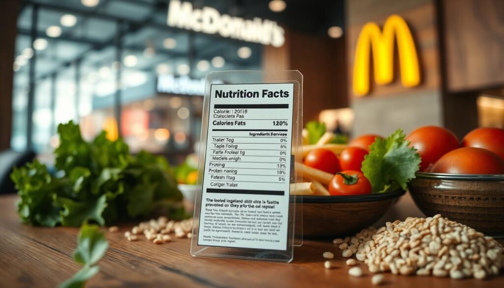 A detailed image of a nutrition information label prominently displayed on a wooden table, surrounded by fresh ingredients such as lettuce, tomatoes, and whole grains, suggesting a healthy meal option. The label is clear and reveals key nutritional facts like calories, fats, and protein, showcasing transparency in ingredient lists. In the background, softly blurred, there's a modern McDonald's restaurant creating a contrast between fast food and healthy choices. The lighting is warm and natural, giving an inviting feel, with a shallow depth of field emphasizing the nutrition label in the foreground. The overall atmosphere is educational yet appetizing, aimed at promoting awareness of healthful eating.