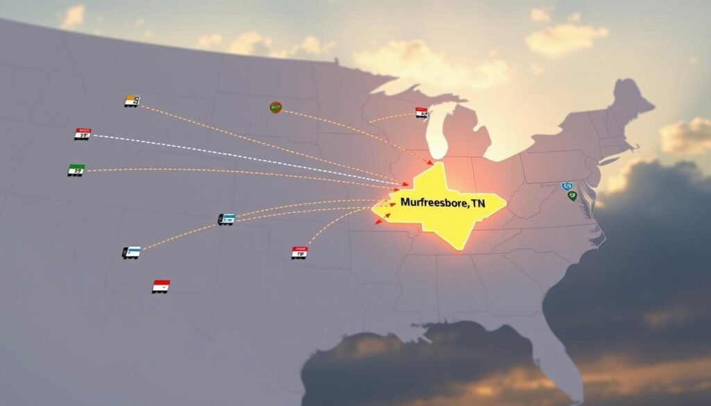 A detailed map showcasing potential locations for a Buc-ee's expansion strategy. In the foreground, a prominent state outline featuring Murfreesboro, TN, highlighted with a glowing effect to signify interest. In the middle, several dotted lines lead to various surrounding states and major highways, indicating strategic routes. Use vibrant colors to emphasize different regions, with icons of gas stations and convenience stores to represent competition. The background features a subtle sky gradient with soft clouds, creating a pleasant and hopeful atmosphere. Utilize soft, natural lighting to evoke a sense of opportunity and growth. The perspective should be slightly elevated, giving an overview of the expansion strategy while maintaining clarity and focus on the Murfreesboro area.