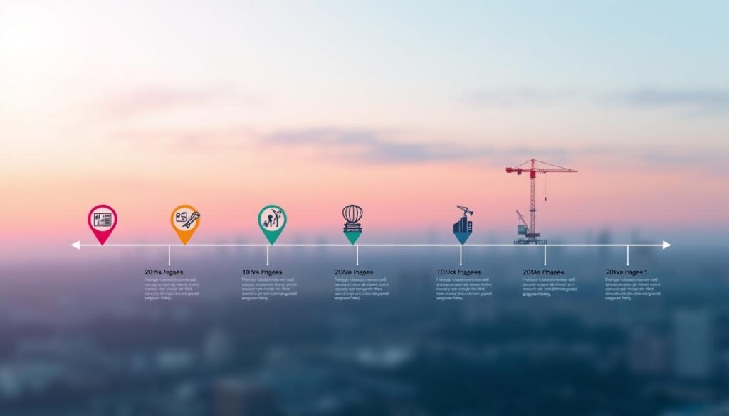 A detailed timeline for development illustration, featuring a sleek, modern infographic style. In the foreground, distinct and colorful milestone markers highlight key events, such as planning stages and construction phases, represented by icons of blueprints and cranes. In the middle ground, a flowing timeline connects these milestones, with arrows indicating progression and phases clearly labeled. The background displays a soft gradient sky transitioning from blue to pink, suggesting a dawn of opportunity. Subtle lighting enhances focus on the milestones, simulating a professional corporate presentation. The overall mood is optimistic and forward-looking, embodying the excitement of new ventures in a serene, structured layout.
