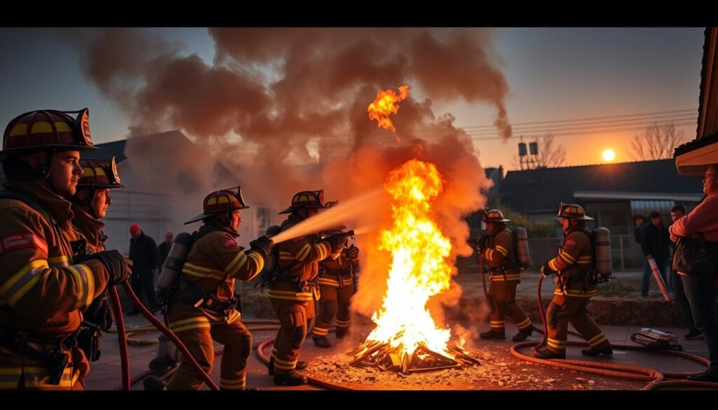 A dramatic scene of firefighters actively responding to an emergency involving a small outdoor fire, showcasing their heroic efforts. In the foreground, a diverse group of firefighters, dressed in full protective gear, work together to extinguish flames, using hoses with powerful jets of water. Their focused expressions highlight urgency and professionalism. In the middle ground, flames flicker brightly, creating an intense glow against the backdrop of thick smoke rising into the sky. Firefighting equipment is scattered around, adding to the chaotic yet organized atmosphere. The background features a blurred view of a suburban area, with concerned bystanders watching from a safe distance. The lighting is bright, with the sun setting in the distance, capturing the contrasting colors of the fire against the darkening sky, evoking a sense of tension and heroism.