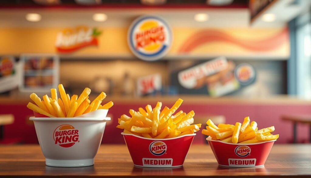 A dynamic and informative scene showcasing various serving sizes of French fries in an enticing layout. In the foreground, prominently display three different bowls of French fries - small, medium, and large - with each bowl clearly labeled. Arrange the bowls in ascending order of size, capturing the golden, crispy texture of the fries. In the middle ground, incorporate a colorful, slightly blurred backdrop of a Burger King restaurant setting, with soft, warm lighting creating a welcoming atmosphere. Utilize a slightly elevated angle to give depth to the scene, emphasizing the contrast between the serving sizes. The overall mood should be educational yet appetizing, inviting viewers to compare the servings and their caloric density visually.