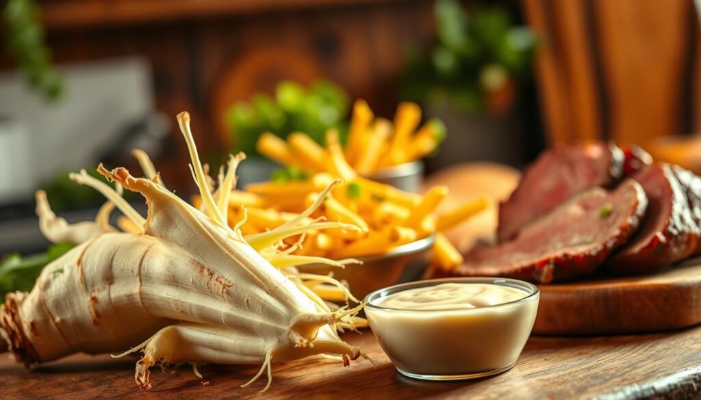 A dynamic composition featuring a burst of horseradish roots and sauce, symbolizing "horseradish kick." In the foreground, prominently display fresh, whole horseradish roots with their rough, earthy texture, along with a small bowl filled with creamy Horsey Sauce, glistening under soft lighting. In the middle ground, include a variety of dipping items like crispy fries and roast beef, showcasing how the sauce enhances their flavors. The background softly blurs, suggesting a rustic kitchen with warm wooden tones and a hint of green herbs, creating an inviting atmosphere. The lighting should be warm and natural, emphasizing the freshness and vibrancy of the ingredients, with a slightly low-angle perspective to create depth and focus on the sauce's tantalizing allure.