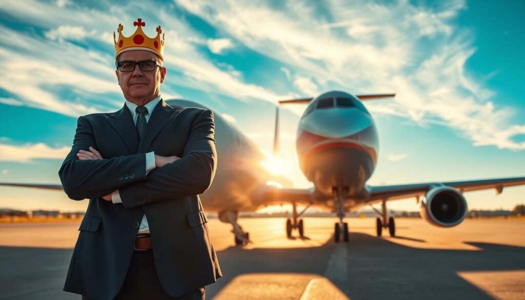 A dynamic scene capturing the essence of a flight video, focusing on a man in a professional suit with a whimsical Burger King crown on his head, standing determinedly on an airport tarmac. The foreground features the man, portrayed with determination in his eyes, arms crossed. In the middle ground, a sleek airplane stands ready for takeoff, its engine reflecting sunlight, suggesting the tension of impending conflict. The background shows a vibrant blue sky with wispy clouds, further enhancing the mood of urgency and excitement. The scene is lit with warm sunlight, casting sharp shadows on the ground, while the angle captures the man from a low perspective, making him appear larger-than-life. The overall atmosphere is one of escalating tension, hinting at a narrative unfolding.