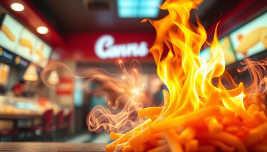 A dynamic scene featuring an artistic interpretation of "burning fries energy." In the foreground, a pile of golden, crispy fries emits vibrant flames, symbolizing the energy they provide. The fries are surrounded by swirling wisps of smoke, creating a sense of movement and intensity. In the middle ground, an abstract representation of caloric energy is illustrated through glowing, energy-like waves radiating outward. The background is a blurred, softly lit fast-food restaurant setting, emphasizing the casual atmosphere. Use warm, bright lighting to enhance the fiery effect, with a shallow depth of field to keep focus on the fries. The mood is energetic and lively, inviting viewers to reflect on the concept of calories and energy.