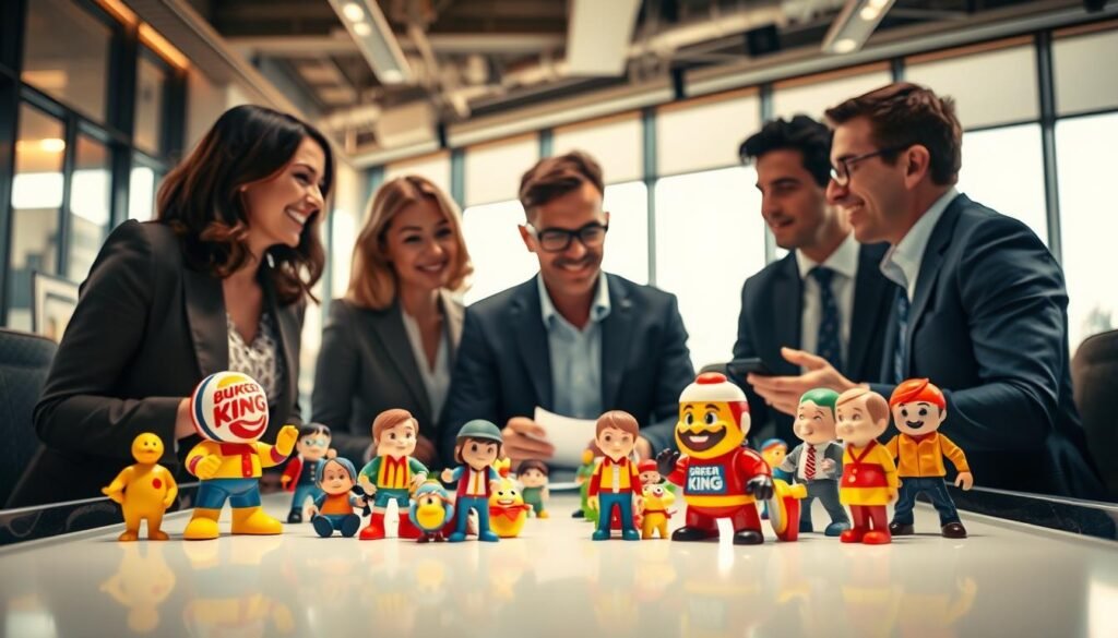 A dynamic scene showcasing a diverse group of business professionals, including a middle-aged woman in a blazer and a young man in smart casual attire, enthusiastically discussing a colorful assortment of Burger King collectible toys spread across a sleek conference table. In the foreground, focus on a few vibrant toys, highlighting iconic figures that evoke nostalgia, illuminated by warm, bright lighting to create an inviting atmosphere. In the middle ground, the professionals are engaged in lively conversation, analyzing the business strategy behind these collectibles. The background features a modern office with large windows letting in natural light, providing a sense of openness and creativity. The overall mood is energetic and collaborative, reflecting the innovative spirit of fast food marketing strategies. A dynamic scene showcasing a diverse group of business professionals, including a middle-aged woman in a blazer and a young man in smart casual attire, enthusiastically discussing a colorful assortment of Burger King collectible toys spread across a sleek conference table. In the foreground, focus on a few vibrant toys, highlighting iconic figures that evoke nostalgia, illuminated by warm, bright lighting to create an inviting atmosphere. In the middle ground, the professionals are engaged in lively conversation, analyzing the business strategy behind these collectibles. The background features a modern office with large windows letting in natural light, providing a sense of openness and creativity. The overall mood is energetic and collaborative, reflecting the innovative spirit of fast food marketing strategies.
