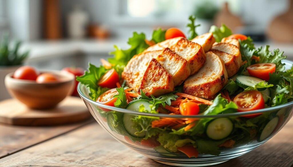 A fresh and vibrant roast chicken salad displayed in an elegant, clear glass bowl. The salad features tender, golden-brown roast chicken slices atop a colorful mix of leafy greens, including crisp romaine and arugula, dotted with cherry tomatoes, cucumber slices, and shredded carrots for added texture. Drizzled with a light vinaigrette to enhance the flavors. In the foreground, a rustic wooden table adds warmth, while in the background, soft-focus hints of a bright kitchen create an inviting atmosphere. Utilize natural lighting to emphasize the freshness of the ingredients, captured with a close-up lens to highlight the intricate details of the salad. The mood should be light, healthy, and appealing, inviting viewers to appreciate the nutritious choice.