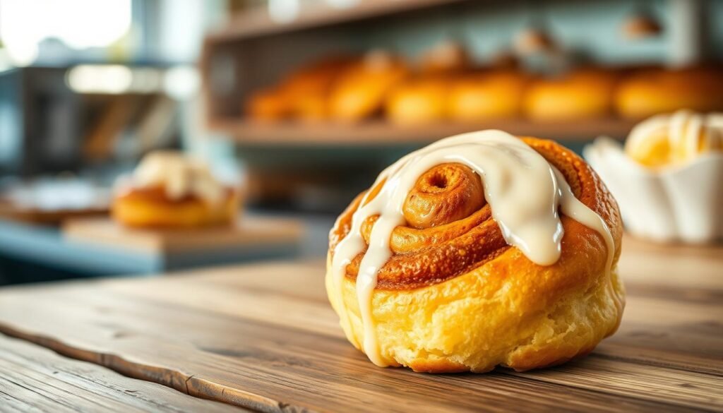 A freshly baked cinnamon roll sits prominently in the foreground, drizzled with creamy, glossy icing that glistens under soft, warm lighting. The rich, spiraled layers of dough reveal a cinnamon-sugar swirl, inviting and decadent. A rustic wooden table serves as the base, adding a homey touch, while a blurred pastry shop ambiance softly fades into the background, hinting at other delectable treats. Gentle daylight filters in, casting a cozy glow that enhances the inviting texture of the roll. The overall mood is indulgent and comforting, evoking a sense of warmth and nostalgia, perfect for illustrating the delightful comparison to other pastries. A freshly baked cinnamon roll sits prominently in the foreground, drizzled with creamy, glossy icing that glistens under soft, warm lighting. The rich, spiraled layers of dough reveal a cinnamon-sugar swirl, inviting and decadent. A rustic wooden table serves as the base, adding a homey touch, while a blurred pastry shop ambiance softly fades into the background, hinting at other delectable treats. Gentle daylight filters in, casting a cozy glow that enhances the inviting texture of the roll. The overall mood is indulgent and comforting, evoking a sense of warmth and nostalgia, perfect for illustrating the delightful comparison to other pastries.