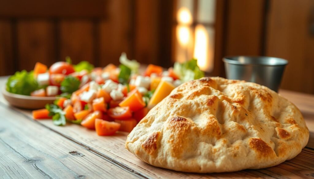 A freshly baked pita bread placed prominently in the foreground, showcasing its golden-brown, slightly crispy exterior, with a soft and fluffy interior peeking through. In the middle ground, a variety of vibrant, colorful Mediterranean-style toppings like diced tomatoes, crisp lettuce, and tangy feta cheese surround the pita, invitingly arranged to suggest a delicious meal. The background features a rustic wooden table, softly illuminated by warm, natural light filtering through a nearby window, creating a cozy atmosphere. The scene captures an inviting and appetizing mood, perfect for showcasing the enjoyment of a healthy meal choice. The image should focus on texture and color contrast, creating an appealing culinary visual.