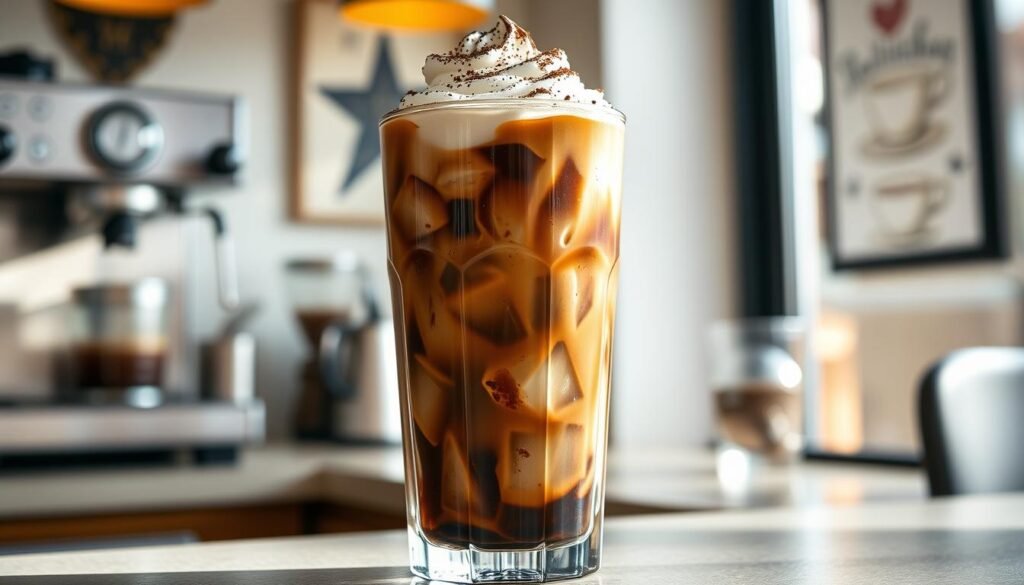 A freshly brewed mocha iced coffee in a tall, clear glass filled with ice cubes, topped with a swirl of whipped cream and a dusting of cocoa powder. The coffee exhibits rich, dark chocolate brown hues, and the ice glistens in the soft, natural light streaming in from a nearby window. In the background, there are subtle hints of a café setting, with blurred outlines of espresso machines and decorative coffee art on the walls. The scene captures a refreshing and inviting mood, ideal for summertime enjoyment. The angle is slightly elevated, focusing on the glass, showcasing the layering of coffee and cream, emphasizing the drink's indulgent texture while promoting a sense of indulgence and refreshment essential for nutritional insights and calorie management. A freshly brewed mocha iced coffee in a tall, clear glass filled with ice cubes, topped with a swirl of whipped cream and a dusting of cocoa powder. The coffee exhibits rich, dark chocolate brown hues, and the ice glistens in the soft, natural light streaming in from a nearby window. In the background, there are subtle hints of a café setting, with blurred outlines of espresso machines and decorative coffee art on the walls. The scene captures a refreshing and inviting mood, ideal for summertime enjoyment. The angle is slightly elevated, focusing on the glass, showcasing the layering of coffee and cream, emphasizing the drink's indulgent texture while promoting a sense of indulgence and refreshment essential for nutritional insights and calorie management.