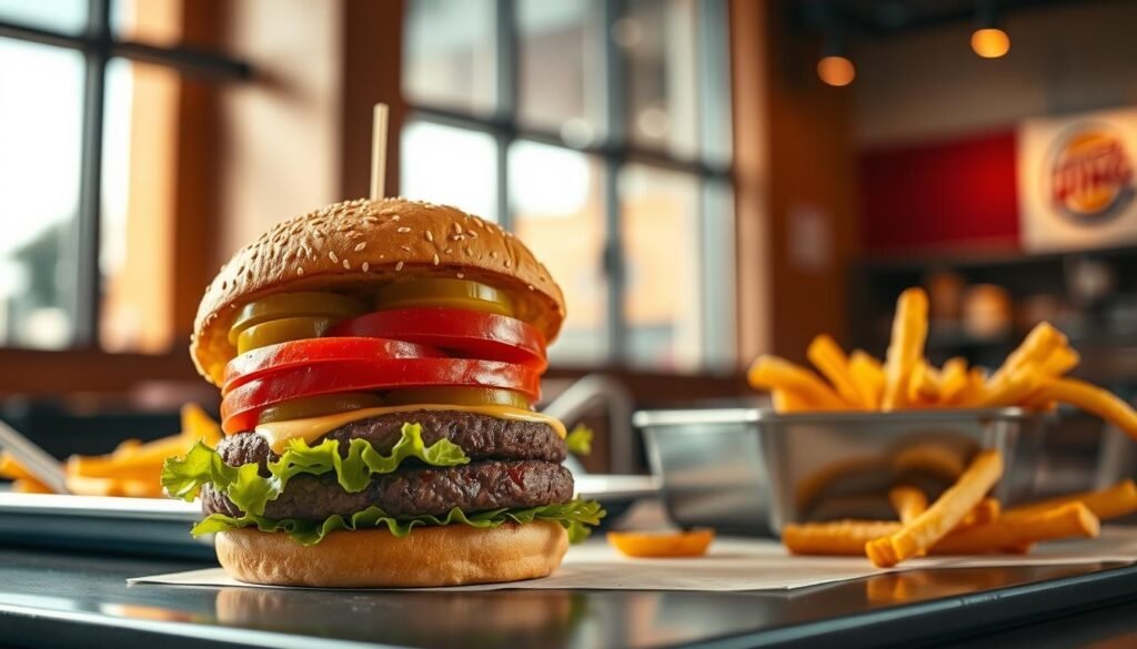 A freshly made Impossible Whopper, prominently featured in the foreground, showcasing its vibrant layers: a juicy, plant-based patty topped with crisp lettuce, ripe tomato slices, tangy pickles, and creamy vegan mayo, all nestled between a golden, sesame seed bun. The middle ground includes a stylish fast-food setting, with a shining tray and a side of golden, crispy fries. In the background, the softly blurred interior of a Burger King restaurant, with warm ambient lighting filtering through large windows, creating a cozy atmosphere. The scene is captured with a slightly angled perspective to evoke depth, using natural lighting to enhance colors and textures, evoking a feeling of enjoyment and indulgence in a modern, eco-conscious dining experience. A freshly made Impossible Whopper, prominently featured in the foreground, showcasing its vibrant layers: a juicy, plant-based patty topped with crisp lettuce, ripe tomato slices, tangy pickles, and creamy vegan mayo, all nestled between a golden, sesame seed bun. The middle ground includes a stylish fast-food setting, with a shining tray and a side of golden, crispy fries. In the background, the softly blurred interior of a Burger King restaurant, with warm ambient lighting filtering through large windows, creating a cozy atmosphere. The scene is captured with a slightly angled perspective to evoke depth, using natural lighting to enhance colors and textures, evoking a feeling of enjoyment and indulgence in a modern, eco-conscious dining experience.