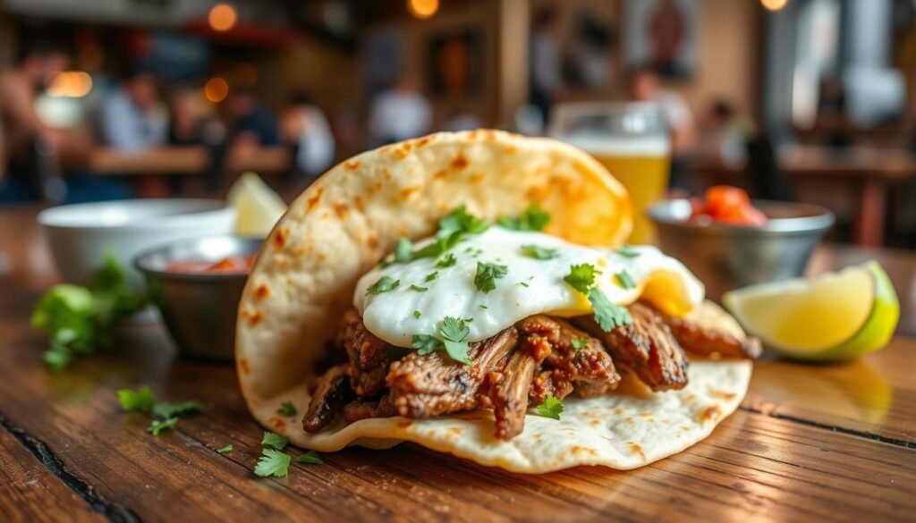 A freshly made brisket breakfast taco, filled with tender, smoky brisket slices, fluffy scrambled eggs, and a sprinkle of vibrant green cilantro, all wrapped in a warm, lightly toasted corn tortilla. The taco is placed on a rustic wooden table, accented by a small bowl of homemade salsa and a few lime wedges for a zesty touch. In the background, softly blurred, hints of a busy breakfast scene at a bustling diner can be seen, with warm, diffused lighting creating a cozy atmosphere. The camera angle is overhead, capturing the taco's enticing details with a shallow depth of field, emphasizing the textures of the ingredients while invoking a delicious and inviting mood.