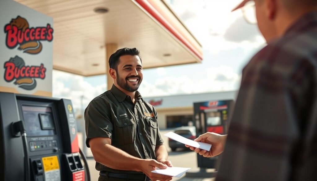 A friendly gas station attendant in a professional uniform greets a customer at a Buc-ee's gas pump, emphasizing courtesy and service. In the foreground, the attendant smiles while handing over a receipt. The middle ground shows a well-maintained Buc-ee's gas station, featuring the iconic beaver logo and vibrant gas pumps. The background captures a bright, sunny day, with fluffy clouds and a clear blue sky, creating a welcoming atmosphere. Soft natural lighting bathes the scene, highlighting the warm interaction. The image is framed with a slightly tilted angle to enhance engagement and intimacy, evoking a sense of community and positive experiences associated with navigating new gas payment policies.