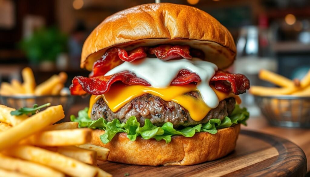A gourmet bacon ranch wagyu burger, featuring a perfectly seared wagyu patty glistening with juices, topped with melted cheddar cheese and crispy bacon slices. Nestled in a toasted brioche bun, the burger is layered with fresh, crisp lettuce and tangy ranch dressing. In the foreground, a side of golden, crispy fries garnished with herbs adds to the appeal. The middle ground showcases a rustic wooden table setting, while the background hints at a cozy diner ambience with soft lighting. The image captures a warm, inviting mood, emphasizing the sumptuous details of the burger under natural lighting. Utilize a shallow depth of field to create a soft focus in the background, ensuring the burger remains the focal point.