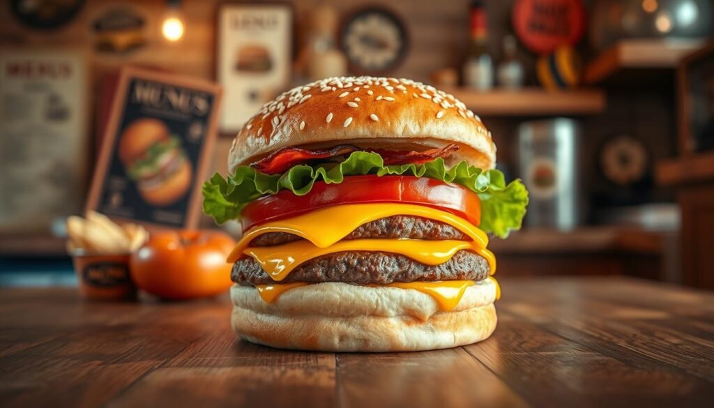 A gourmet cheeseburger centered in a rustic wooden setting, showcasing layers of juicy beef patty, melted cheddar cheese, fresh lettuce, ripe tomato, and crispy bacon, all neatly enclosed in a toasted sesame seed bun. The foreground features a close-up view of the cheeseburger, highlighting its glossy texture and vibrant colors, with a few condiments artistically drizzled around it. In the middle, there are vintage burger-themed decor items, like old menus and photos, hinting at the history of burger culture. The background gently fades into a warm, inviting kitchen environment with soft, ambient lighting, evoking a nostalgic yet cheerful atmosphere that celebrates the legacy of the cheeseburger. The scene is captured with a slightly angled top-down perspective, adding depth to the composition.