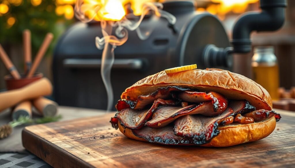 A juicy Buc-ee's brisket sandwich, perfectly smoked and sliced, sits prominently in the foreground on a rustic wooden cutting board. The brisket is glistening with rich, caramelized edges and oozing with flavorful juices, garnished with fresh dill and pickles for added color. In the middle ground, a rolling smoke from a traditional charcoal smoker curls elegantly, evoking a sense of warmth and dedication to the process of cooking. The background features a cozy outdoor barbecue setting, with subtle hints of greenery and vibrant orange sunset lighting casting a golden glow over the scene. Capture the rustic, inviting atmosphere of preparing this savory delight, emphasizing the mouthwatering details, textures, and colors that make Buc-ee's brisket so appealing. Use a close-up angle to draw attention to the sandwich while maintaining a warm, inviting tone throughout.