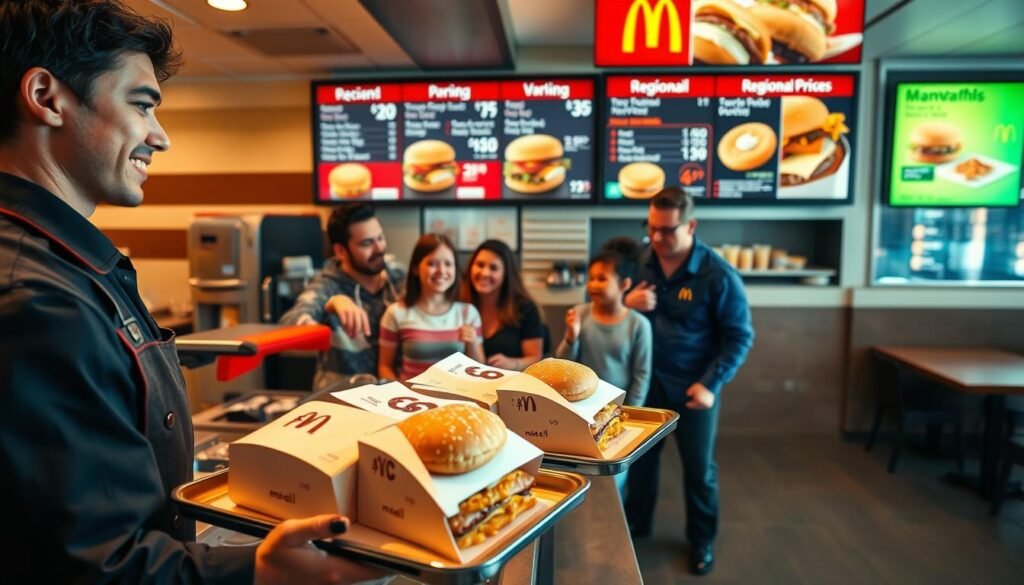 A large, vibrant McDonald's restaurant scene showcasing diverse fast-food offerings, with a focus on two $6 meal deals prominently displayed on the counter. In the foreground, a friendly employee in a crisp uniform prepares a tray with the meals, exuding a welcoming atmosphere. The middle ground features a family of four excited patrons, discussing their meal choices, with mixed expressions of delight and contemplation about regional prices. In the background, a colorful menu board highlights variations in pricing with striking visuals of the food items. Soft, natural lighting casts a warm glow throughout the scene, creating an inviting and convivial atmosphere. The perspective captures a dynamic view from slightly above, allowing a clear view of the counter while hinting at the bustling dining area beyond.