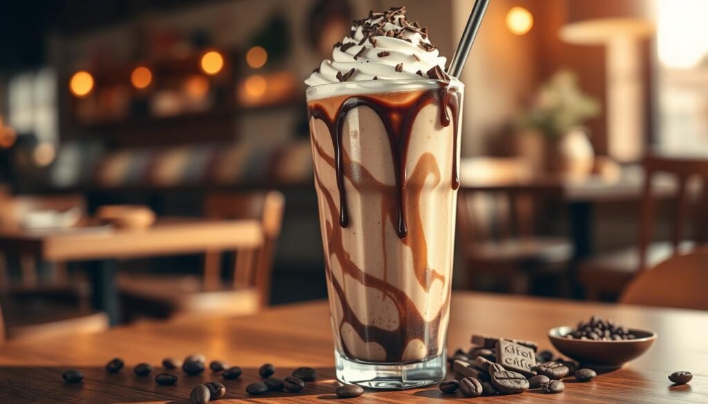A luxurious jamocha shake in a tall, frosted glass, overflowing with creamy chocolate and coffee swirls. The shake is topped with a generous dollop of whipped cream, drizzled with rich chocolate syrup, and adorned with chocolate shavings. In the foreground, a few coffee beans and chocolate pieces are artistically scattered, adding texture. The middle ground features the shake glistening under soft, warm lighting, casting subtle shadows. The background is softly blurred, showcasing a cozy café setting with wooden tables and soft, inviting decor. The atmosphere is warm and indulgent, evoking a sense of comfort and delight, perfect for a coffee and chocolate blend experience. Use a shallow depth of field to emphasize the shake.