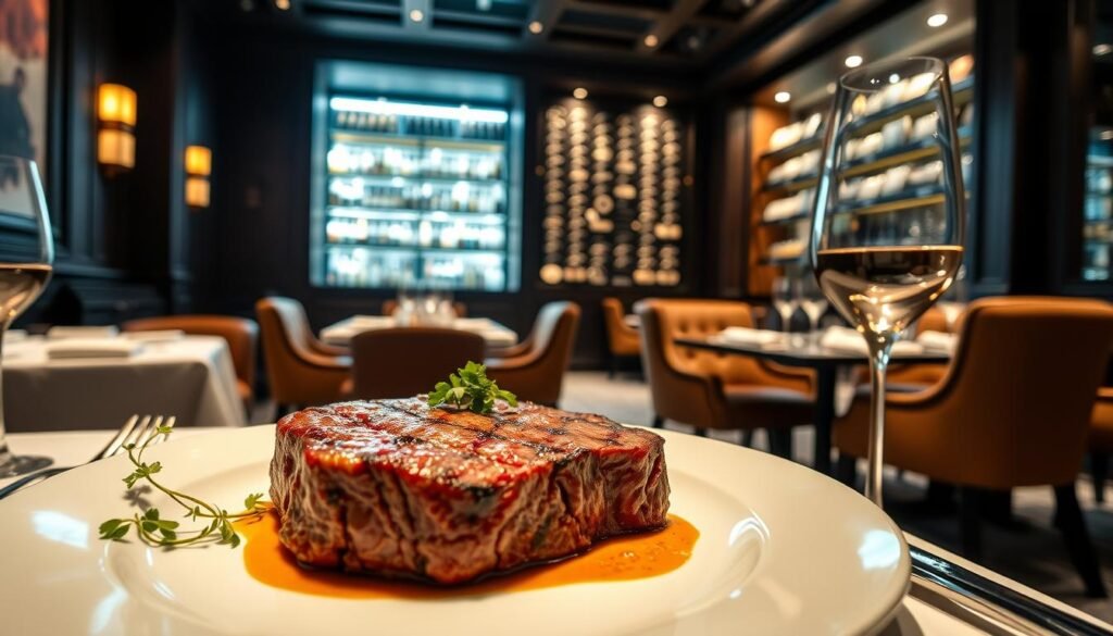 A luxurious steakhouse interior showcasing the essence of "First Impressions." In the foreground, a beautifully presented wagyu steak on a stylish plate, garnished with vibrant herbs. The middle ground features elegantly set tables with polished silverware and sleek glassware, exuding sophistication. Soft, warm lighting creates an inviting atmosphere, enhancing the rich, dark wood paneling and plush seating. In the background, a well-stocked wine display glimmers under soft spotlights. The angle captures the elegance of the space, with a slight focus on the steak, emphasizing its marbled texture. The mood is upscale and refined, encouraging a sense of anticipation for a gourmet dining experience. No people are present in the image, ensuring a focus on the culinary allure.