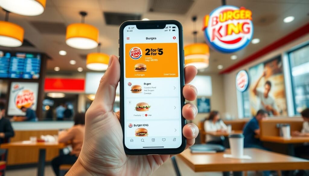A modern Burger King mobile app interface displayed on a sleek smartphone, set against a vibrant fast-food restaurant interior. In the foreground, we see a hand holding the smartphone, with the app's colorful menu showcasing the "2 for $5" burger deals. The middle background features a clean Burger King restaurant with customers enjoying their meals at tables, reflecting a lively atmosphere. The decor includes iconic Burger King colors, and a menu board can be subtly visible. Soft, warm lighting illuminates the scene, creating a welcoming mood. The angle emphasizes the app screen, providing a close-up view that draws attention to the enticing food options while ensuring a polished, professional aesthetic.
