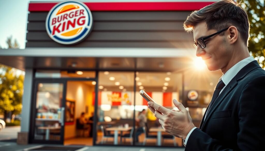 A modern Burger King restaurant exterior during the daytime, showcasing the entrance with its iconic logo prominently displayed. In the foreground, a young professional man in smart casual attire is using his smartphone to check menu availability, appearing engaged and focused. The middle ground features the bright, inviting interior of the restaurant visible through the glass doors, with a few customers seated at tables enjoying their meals. In the background, soft sunlight filters through the trees lining the parking lot, creating a warm and welcoming atmosphere. The scene captures a sense of anticipation and curiosity, highlighting the experience of checking local menu options in a casual yet professional setting.