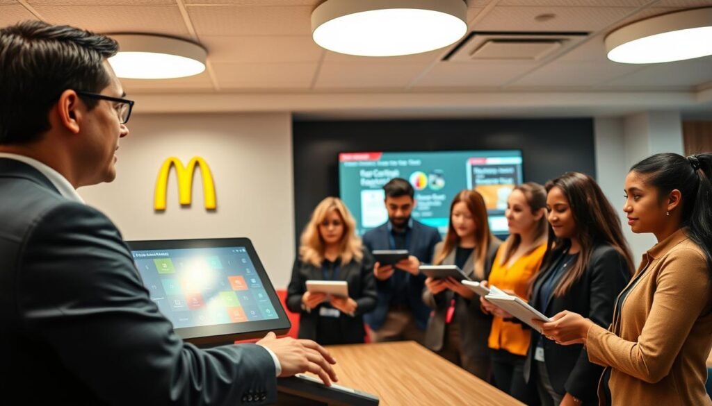 A modern McDonald's Point of Sale (POS) training scenario, featuring a professional trainer guiding a small group of diverse employees in a well-lit training room. In the foreground, a trainer, wearing a smart business outfit, is demonstrating a digital touchscreen POS system, showcasing its interface with colorful buttons and options. The middle layer shows the attentive trainees, dressed in smart casual clothing, focused on the demonstration, taking notes on tablets. The background includes McDonald's branding, such as logos and colors, along with a large digital screen displaying a training presentation. The atmosphere is positive and engaging, with bright overhead lighting illuminating the room, conveying a sense of innovation and teamwork. The composition is shot from a slightly elevated angle to capture both the trainer and the trainees effectively.
