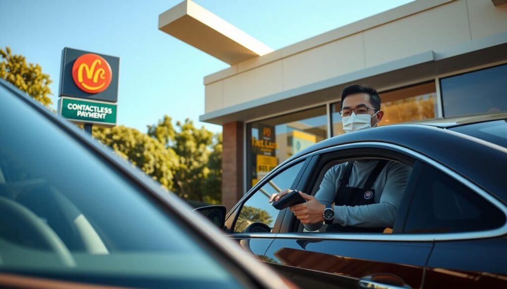 A modern drive-thru fast food restaurant with a sleek design, showcasing a clear sign indicating contactless payment options. In the foreground, a car with two people inside, dressed in casual yet neat clothing, is approaching the drive-thru window. The middle ground features a friendly, professional employee at the window, wearing a branded uniform and a face mask, holding a contactless payment device. Soft afternoon sunlight illuminates the scene, creating a warm and inviting atmosphere. In the background, lush greenery and a clear blue sky enhance the setting, indicating a pleasant day for dining. Capture the action of the payment process, emphasizing convenience and modern technology in a family-friendly environment.