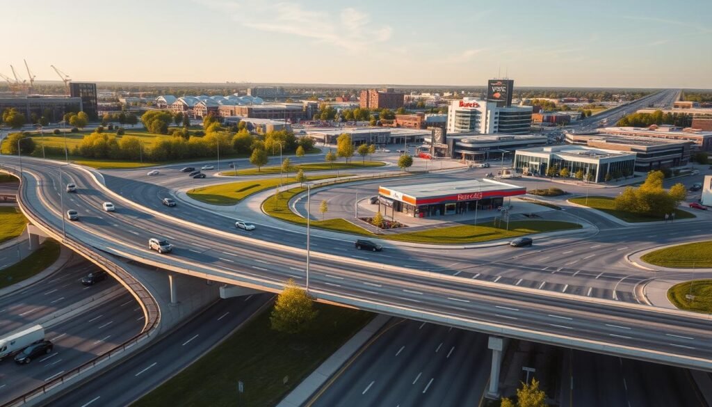 A modern infrastructure scene depicting Oak Creek, Wisconsin, emphasizing the economic impact of recent improvements. In the foreground, a well-maintained highway interchange showcasing busy traffic with cars and commercial vehicles, representing increased connectivity and growth. The middle ground features a bustling Buc-ee's gas station and convenience store, designed with its signature branding, attracting customers. The background showcases a blend of green parks and modern buildings, illustrating community development. The scene is illuminated by warm, late afternoon sunlight that casts soft shadows, creating an inviting atmosphere. Use a wide-angle lens to capture the expanse, evoking a sense of progress and vitality in the area.