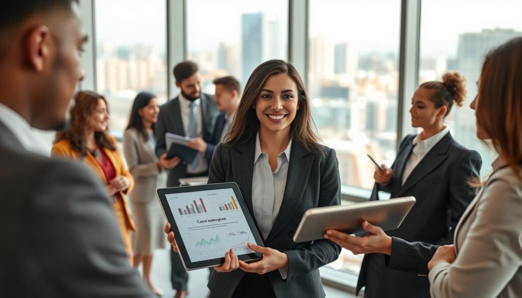 A modern office environment featuring a diverse group of individuals in professional business attire engaged in a collaborative workshop. In the foreground, a confident woman is presenting a career development plan on a digital tablet, with charts and graphs illustrating growth. The middle ground includes colleagues actively discussing and sharing ideas, showcasing a supportive atmosphere. The background features large windows letting in natural light, with cityscapes visible, symbolizing opportunity. The overall mood is dynamic and optimistic, reflecting ambition and teamwork in professional growth. Use soft, warm lighting to enhance the welcoming vibe, captured from a slightly elevated angle to encompass the collaborative scene.