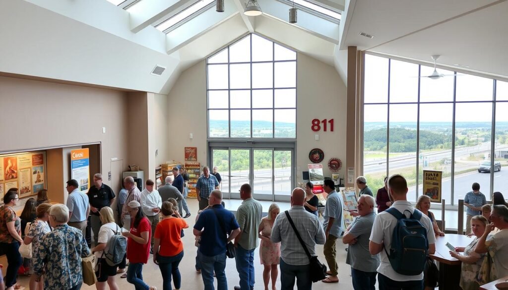 A modern travel center in Rockingham County, Virginia, featuring a spacious, welcoming entrance with large glass doors and a vibrant information kiosk. In the foreground, a diverse group of people in casual clothing is gathered, some studying maps and others interacting with friendly staff. The middle ground showcases a bright, airy interior filled with tasteful decorations, showcasing local crafts and food products. Natural light pours in from the skylights, creating an inviting atmosphere. The background reveals a panoramic view of lush green hills and Interstate 81, emphasizing the travel center's connection to nature and the journey. Capture this scene with a wide-angle lens to highlight the bustling activity and warm ambiance, reflecting a sense of community and adventure.