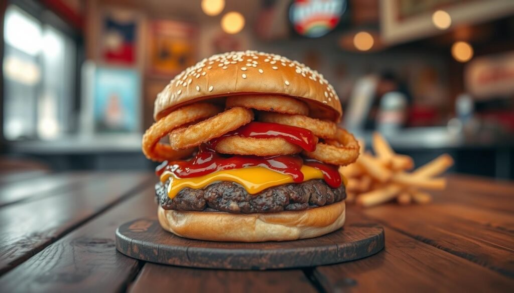 A mouth-watering Rodeo Burger sitting on a rustic wooden table, featuring a juicy beef patty topped with crispy onion rings, tangy barbecue sauce, and melted cheese. The burger's ingredients are beautifully stacked, highlighting the textures of the sesame bun and the golden rings. In the background, a blurred image of a classic American diner setting adds a nostalgic feel, with warm lighting creating an inviting atmosphere. A close-up shot captures the burger at a slight angle, enhancing its allure and detail. Soft focus on the edges ensures the Rodeo Burger remains the focal point, conveying a sense of indulgence and American comfort food.
