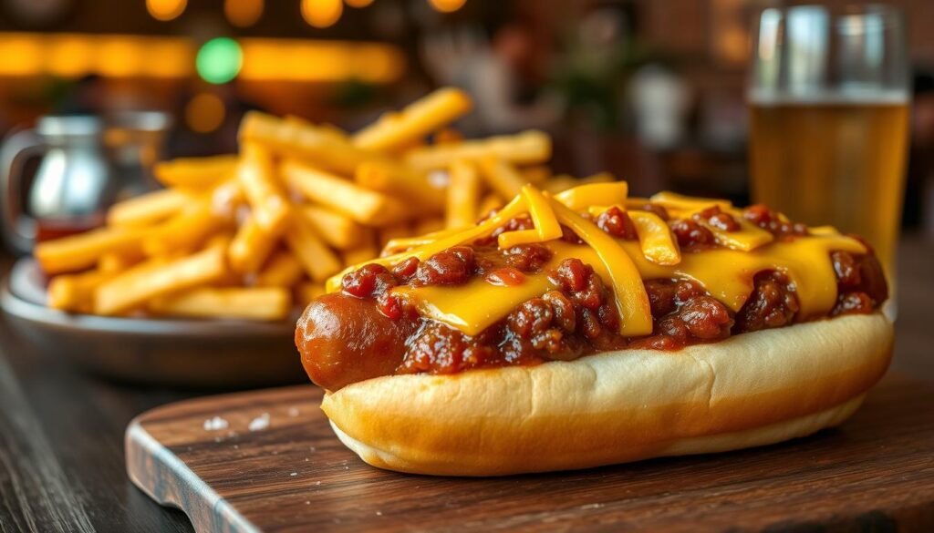 A mouth-watering chili cheese dog, featuring a grilled sausage nestled in a soft, warm bun, generously topped with rich, velvety chili and melted cheddar cheese. The foreground showcases a close-up of the chili cheese dog, with steam rising from the toppings to suggest warmth and freshness. In the middle ground, include a wooden platter with a side of crispy golden fries sprinkled with sea salt, enhancing the indulgent feel. The background should be softly blurred dining elements like a casual restaurant setting, with warm ambient lighting casting a cozy glow. Use a shallow depth of field to emphasize the chili cheese dog while maintaining a inviting, appetizing atmosphere that invites readers to enjoy this delicious offering. A mouth-watering chili cheese dog, featuring a grilled sausage nestled in a soft, warm bun, generously topped with rich, velvety chili and melted cheddar cheese. The foreground showcases a close-up of the chili cheese dog, with steam rising from the toppings to suggest warmth and freshness. In the middle ground, include a wooden platter with a side of crispy golden fries sprinkled with sea salt, enhancing the indulgent feel. The background should be softly blurred dining elements like a casual restaurant setting, with warm ambient lighting casting a cozy glow. Use a shallow depth of field to emphasize the chili cheese dog while maintaining a inviting, appetizing atmosphere that invites readers to enjoy this delicious offering.