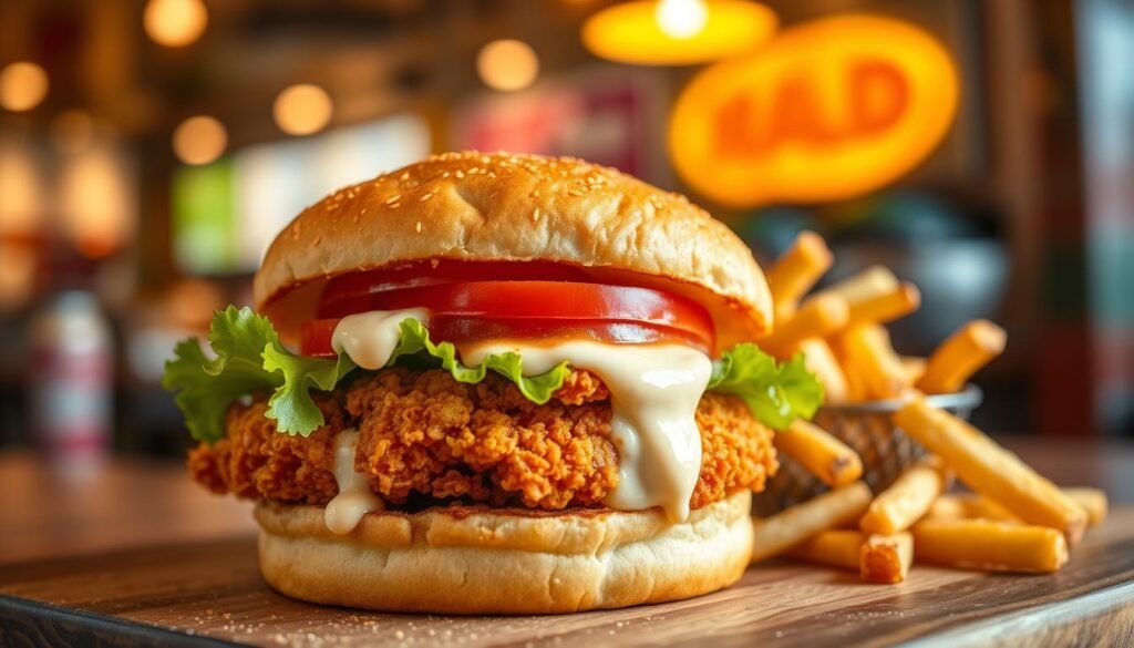 A mouth-watering crispy chicken sandwich, perfectly golden-brown with a crunchy exterior, sits prominently in the foreground, showcasing its delicious toppings: fresh lettuce, ripe tomato slices, and a spicy mayonnaise spread oozing from the sides. In the middle ground, a side of golden fries lightly dusted with seasoning enhances the appeal of the meal. The background features a blurred fast-food restaurant setting, subtly hinting at the lively atmosphere, with warm lighting creating an inviting ambiance. The scene is captured from a slightly elevated angle, ensuring the sandwich takes center stage. The overall mood is energetic and appetizing, inviting viewers to indulge in this fiery flavor experience.