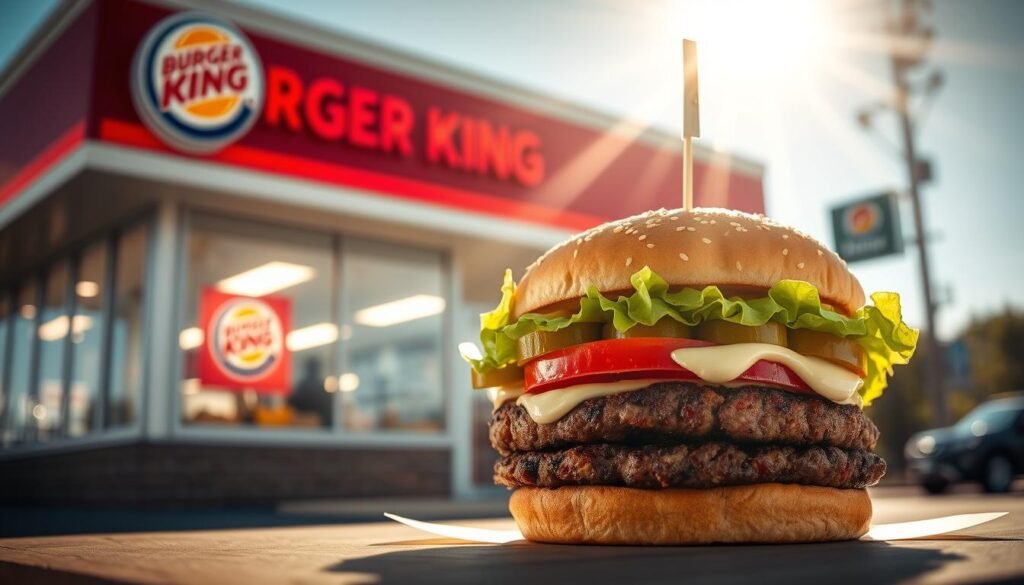 A mouth-watering dollar whopper burger prominently featured in the foreground, showcasing its juicy, flame-grilled patty topped with fresh lettuce, tomato, pickles, and creamy mayonnaise, all nestled in a perfectly toasted sesame seed bun. The middle ground includes a well-lit Burger King restaurant, with its recognizable red and yellow branding, inviting customers in for a meal. In the background, a bright and sunny day casts a warm, cheerful atmosphere, enhancing the feeling of a bustling fast-food environment. The scene is captured from a slightly elevated angle, focusing on the burger's textures and colors, while soft, natural lighting adds a mouth-watering shine to the sandwich. The overall mood is inviting and celebratory, perfect for illustrating the excitement of claiming a discounted meal.