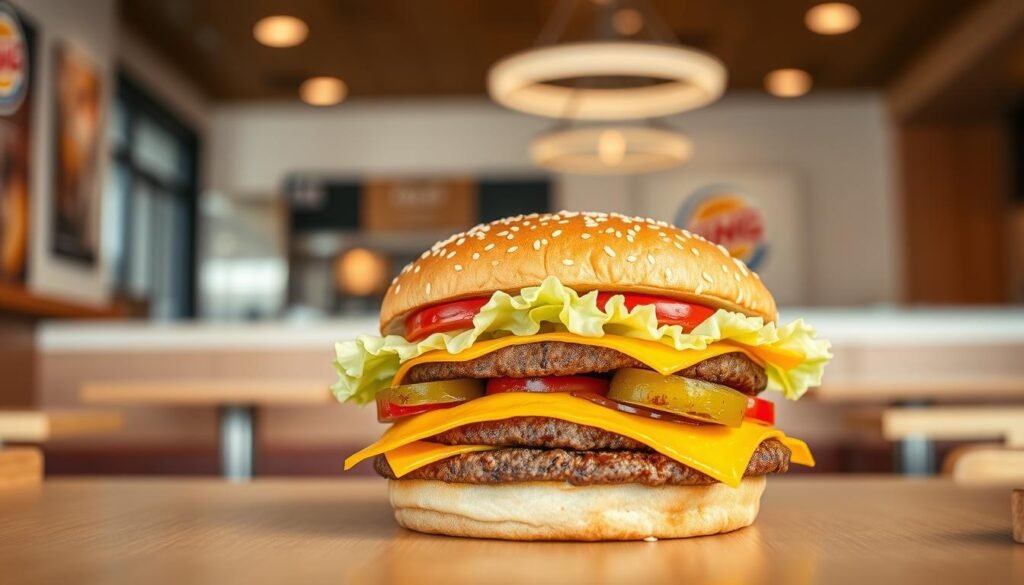 A mouthwatering Burger King Double Cheeseburger sits prominently in the foreground, showcasing its juicy layers of two perfectly grilled beef patties, melted cheddar cheese, crisp lettuce, ripe tomato slices, pickles, and signature ketchup, all sandwiched in a lightly toasted sesame seed bun. The middle ground features a clean, minimalist table setting with a backdrop of a modern fast-food restaurant, softly blurred to emphasize the burger. Warm, natural lighting creates an inviting atmosphere, highlighting the textures and colors of the burger. The angle is slightly elevated, offering a tantalizing overhead view that captures the delicious details of the macronutrient-rich burger. The mood is fresh and appetizing, perfectly suited for an article about nutritional breakdown without any distractions or text overlays. A mouthwatering Burger King Double Cheeseburger sits prominently in the foreground, showcasing its juicy layers of two perfectly grilled beef patties, melted cheddar cheese, crisp lettuce, ripe tomato slices, pickles, and signature ketchup, all sandwiched in a lightly toasted sesame seed bun. The middle ground features a clean, minimalist table setting with a backdrop of a modern fast-food restaurant, softly blurred to emphasize the burger. Warm, natural lighting creates an inviting atmosphere, highlighting the textures and colors of the burger. The angle is slightly elevated, offering a tantalizing overhead view that captures the delicious details of the macronutrient-rich burger. The mood is fresh and appetizing, perfectly suited for an article about nutritional breakdown without any distractions or text overlays.