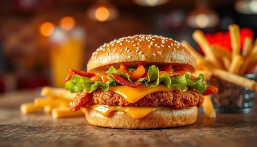 A mouthwatering Fiery Bacon Royal Crispy Chicken Sandwich takes center stage in this image, showcasing a perfectly crispy chicken patty complementing layers of smoky bacon and melted cheese, all enclosed in a toasted sesame seed bun. The sandwich is adorned with vibrant, fresh lettuce and a drizzle of spicy sauce that glistens invitingly. In the foreground, the sandwich is placed on a rustic wooden surface, giving a warm, inviting feel. The middle ground features a side of crispy golden fries, while the background is softly blurred, hinting at a vibrant fast-food setting with warm lighting, creating an enticing atmosphere. The image captures a tantalizing moment, inviting viewers to savor the delicious innovation. A mouthwatering Fiery Bacon Royal Crispy Chicken Sandwich takes center stage in this image, showcasing a perfectly crispy chicken patty complementing layers of smoky bacon and melted cheese, all enclosed in a toasted sesame seed bun. The sandwich is adorned with vibrant, fresh lettuce and a drizzle of spicy sauce that glistens invitingly. In the foreground, the sandwich is placed on a rustic wooden surface, giving a warm, inviting feel. The middle ground features a side of crispy golden fries, while the background is softly blurred, hinting at a vibrant fast-food setting with warm lighting, creating an enticing atmosphere. The image captures a tantalizing moment, inviting viewers to savor the delicious innovation.