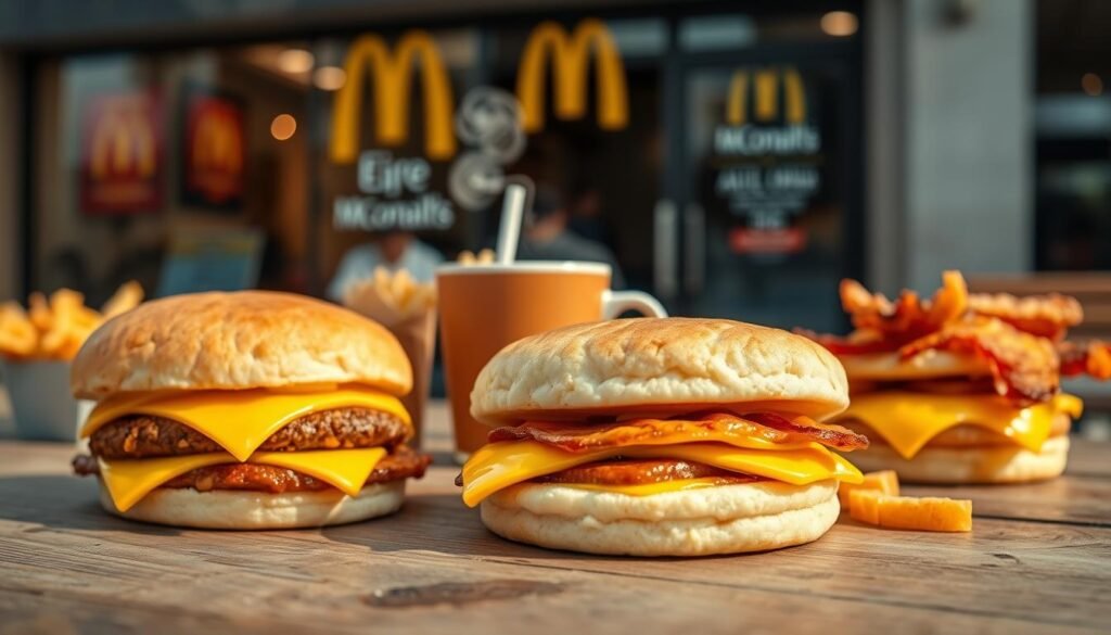 A mouthwatering display of McDonald's core breakfast sandwiches, featuring a sausage and egg biscuit, a fluffy hotcake sandwich, and a classic bacon, egg, and cheese muffin. In the foreground, the sandwiches are beautifully arranged on a rustic wooden table, showcasing appetizing layers of ingredients with melted cheese and golden-brown biscuits. The middle ground captures a soft-focus view of a steaming cup of coffee and a side of crispy hash browns, adding warmth to the scene. The background subtly features a blurred McDonald's storefront for context, bathed in soft morning light to create an inviting and cozy atmosphere. The overall mood is cheerful and inviting, suitable for a breakfast setting.