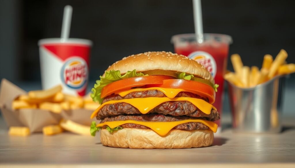 A mouthwatering double original cheeseburger, featuring two thick, juicy beef patties layered with melted American cheese, crisp lettuce, ripe tomato slices, and tangy pickles, all nestled in a perfectly toasted sesame seed bun. In the foreground, the cheeseburger is angled slightly to showcase its delicious ingredients, with a few melted cheese drips enhancing its appeal. The middle ground features a contrasting backdrop of a classic Burger King tray with a side of golden, crispy fries and a refreshing soft drink, creating an inviting fast-food atmosphere. The lighting is warm and inviting, reminiscent of a bright summer day, creating a cheerful, appetizing mood. The photo has a slight depth of field effect, softly blurring the background to focus on the cheeseburger, while emphasizing its delectable textures and colors.