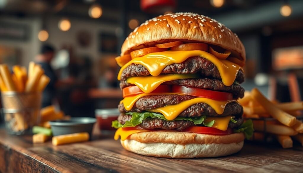 A mouthwatering double patty burger stacked high, featuring two juicy beef patties cooked to perfection, with melted cheddar cheese oozing down the sides. Accompanying the patties is fresh, crisp lettuce, ripe tomato slices, and pickles, all nestled within a lightly toasted sesame seed bun. In the foreground, the burger is positioned on a rustic wooden table, garnished with a few golden fries and a side of dipping sauces. In the middle background, a blurred diner environment adds a nostalgic touch, with soft, warm lighting enhancing the deliciousness of the scene. The angle captures the burger at a slight tilt, emphasizing its towering layers and textures, creating an inviting, appetizing mood that invites viewers to indulge.