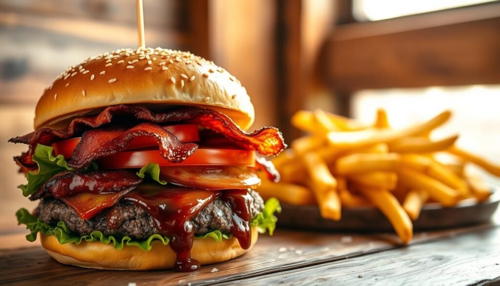 A mouthwatering scene featuring a deluxe BBQ bacon burger, prominently displayed in the foreground with all its details. The burger is stacked high with crispy, smoky bacon, fresh lettuce, juicy tomato slices, and a rich BBQ sauce drizzled over a perfectly grilled beef patty, all nestled between a lightly toasted sesame seed bun. In the middle ground, include a side of golden, crispy fries lightly sprinkled with salt, adding a touch of warmth to the composition. The background should be a rustic wooden table, gently illuminated by warm, natural light coming from a nearby window, casting soft shadows and emphasizing the textures of the food. The overall mood is inviting and indulgent, perfect for drawing attention to the innovations in fast food offerings.