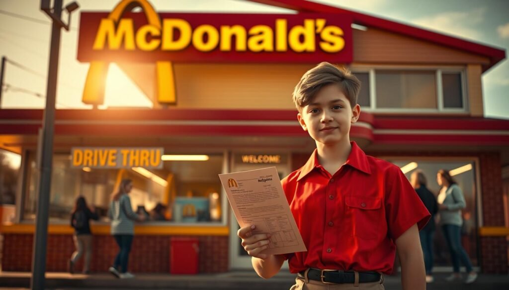 A nostalgic depiction of an old McDonald's location, featuring a classic red and yellow color scheme. In the foreground, a young teenager wearing a simple, neat uniform stands confidently, holding a job application. The middle layer showcases the iconic golden arches and a drive-thru sign, with customers in modest casual attire welcoming the youthful employee. The background features a vintage McDonald's building with a classic design, complete with large windows and a distinct roofline, illuminated by warm, inviting sunlight. The atmosphere is upbeat and hopeful, conveying the excitement of starting a first job, with a slight lens flare to enhance the mood. The overall scene emphasizes professionalism and youthfulness, creating an inspiring image for aspiring young workers.