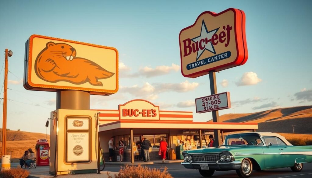 A nostalgic travel center scene capturing the rich history of the Beaver Brand. In the foreground, a vintage-style gas station sign featuring the iconic beaver logo, lit warmly by golden hour sunlight, standing proudly beside a classic car from the 1980s. In the middle ground, a beautifully maintained Buc-ee's convenience store bustling with families enjoying snacks and refreshments, with its inviting façade and colorful merchandise on display. The background features Texas rolling hills under a bright blue sky, with cotton clouds lazily passing by. The atmosphere is vibrant and cheerful, reminiscent of family road trips. The scene should evoke a sense of nostalgia and excitement, shot from an eye-level angle with soft focus on the background to highlight the foreground details.
