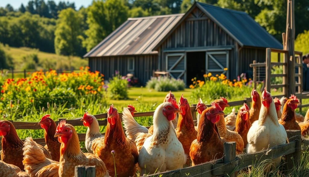 A picturesque farmhouse setting in a vibrant rural landscape, featuring a wooden barn in the background surrounded by lush greenery and vibrant wildflowers. In the foreground, display an array of market-fresh chickens in a tidy pen, showcasing their natural colors and textures, with strong sunlight casting gentle shadows. Capture the essence of farm life with a soft golden light bathing the scene, enhancing the mood of freshness and abundance. Include detail in the chickens’ feathers and the rustic wooden fencing. The angle should be slightly elevated to encompass both the chickens and the farmhouse, giving a warm, inviting atmosphere, ideal for conveying the wholesome nature of fresh ingredients.