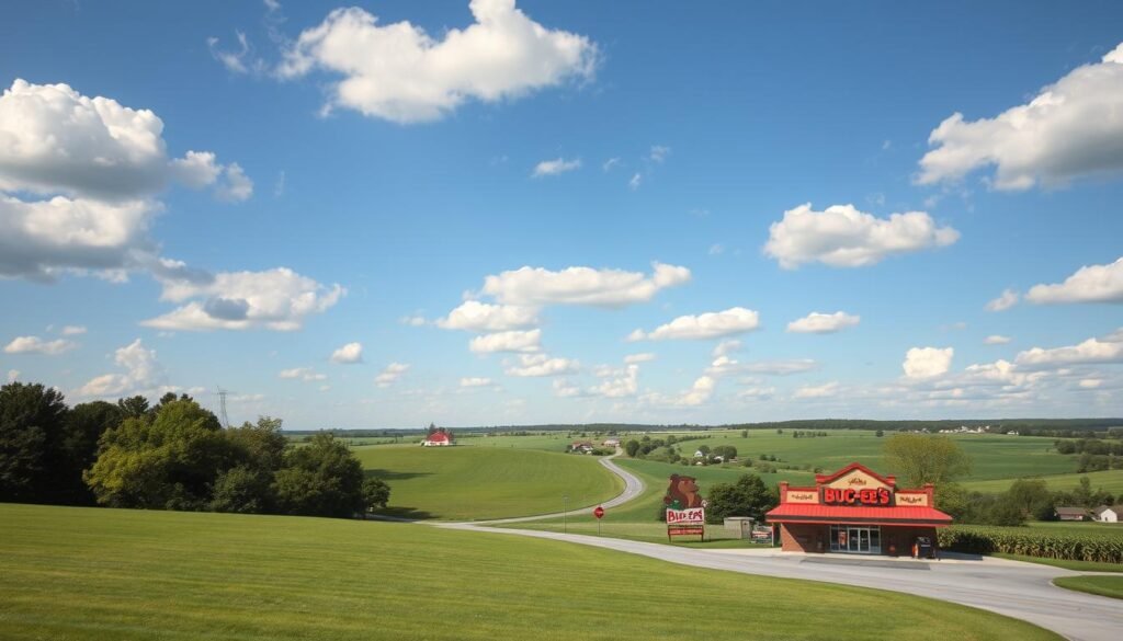 A picturesque view of Boone County, Indiana, featuring lush green fields under a bright blue sky with fluffy white clouds. In the foreground, a charming small-town landscape with a welcoming convenience store reminiscent of Buc-ee's, showcasing its signature beaver mascot on a storefront sign. The middle ground displays gently rolling hills, with a winding road leading toward the store, flanked by vibrant trees. In the background, distant farmhouses and fields of corn can be seen, emphasizing the rural character of the area. The image captures the warm, inviting atmosphere of a potential expansion site for Buc-ee's, with soft lighting suggesting a late afternoon glow, and an angle that creates depth and interest, focusing on the vibrant colors and serene environment.