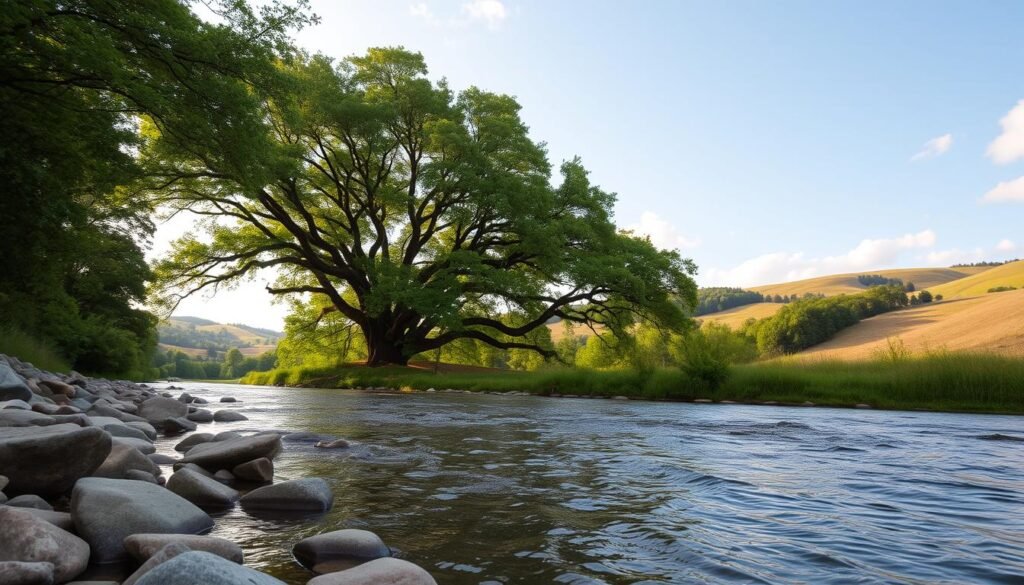 A picturesque view of Oak Creek, Wisconsin, showcasing the serene waterway surrounded by lush greenery. In the foreground, include smooth river stones and gently rippling water, reflecting the soft light of a late afternoon sun. The middle ground features a cluster of mature oak trees, their vibrant leaves in various shades of green, creating a natural canopy. In the background, depict rolling hills under a slightly clouded sky, with patches of sunlight breaking through, casting warm tones across the landscape. The scene exudes a calm and inviting atmosphere, perfect for illustrating the location's charm and importance. Use a wide-angle lens to capture the expansive view, enhancing the depth and inviting feel of the tranquil setting.