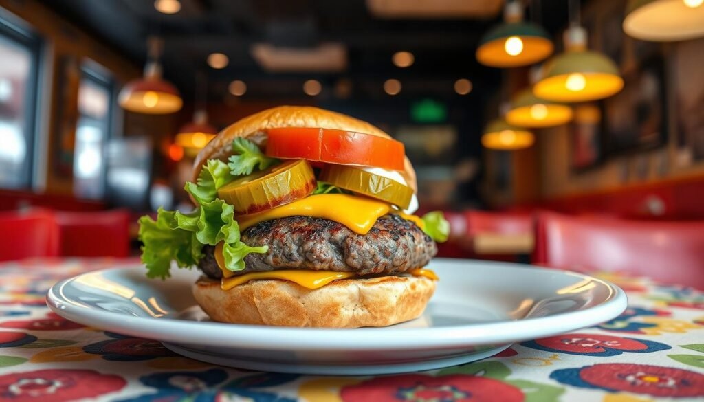 A plated burger without a bun prominently displayed in the foreground, showcasing a juicy, perfectly grilled beef patty topped with melted cheese, fresh lettuce, ripe tomato slices, crunchy pickles, and a dollop of mayonnaise. The burger sits on a vibrant, colorful tablecloth, enhancing the appetizing colors. In the background, a blurred image of a cozy fast-food restaurant interior, with soft, warm lighting emanating from pendant lamps, creates an inviting atmosphere. The camera angle is slightly above the dish, capturing its depth and inviting details. The overall mood is cheerful and satisfying, emphasizing delicious, gluten-free options available at the restaurant.
