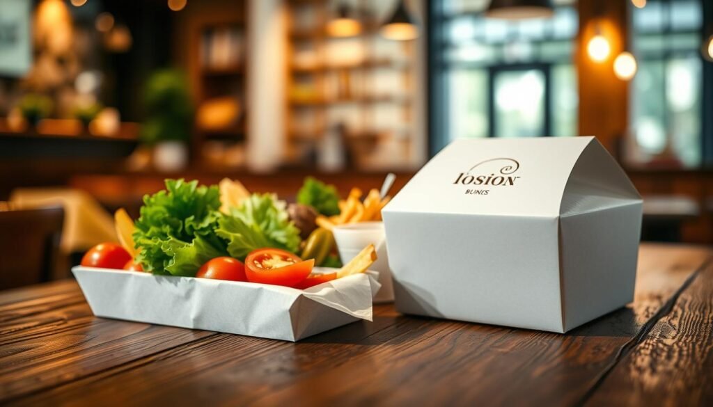A premium bun box elegantly displayed on a rustic wooden table, emphasizing its high-quality packaging. The foreground features the bun box, sleek and glossy, with a luxurious texture and a subtle sheen, showcasing its craftsmanship. In the middle, an array of fresh ingredients, like leafy lettuce, ripe tomatoes, and artisanal pickles, hint at the gourmet burger inside, artfully arranged to entice. The background is softly blurred, highlighting the inviting atmosphere of a modern fast-food restaurant, with warm ambient lighting creating a cozy yet upscale vibe. Use a shallow depth of field to focus on the bun box, capturing details like its logo and design. The overall mood is one of culinary sophistication and elevation, making the image appealing and mouth-watering.