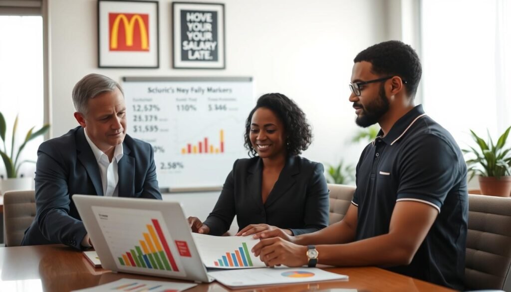 A professional business setting depicting a diverse group of McDonald's managers engaged in a discussion about salary data. In the foreground, two managers of different ethnic backgrounds, one in a smart blazer and the other in a neat polo shirt, are analyzing graphs on a laptop. They are surrounded by financial charts showcasing the 75th percentile salary range, with colorful data visualizations like bar graphs and pie charts. In the middle ground, a whiteboard displays key insights in a structured format. The background features tasteful office decor, including framed motivational posters and plants. Soft, natural light filters through a window, creating a warm and collaborative atmosphere. The image is captured from a slightly elevated angle, giving a comprehensive view of the engaging scene.