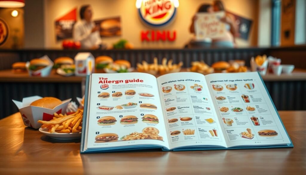 A professional-looking information display specifically focused on Burger King's allergen information, designed to assist customers in understanding gluten-free options. In the foreground, a neatly organized table with an open allergen guide featuring visually appealing illustrations of various menu items, all clearly labeled with allergen icons. The middle ground displays assorted food items from Burger King, like burgers, fries, and salads, carefully arranged on a clean wooden table. In the background, a softly blurred Burger King restaurant environment with warm lighting creating a welcoming atmosphere. The image should evoke a sense of clarity and guidance, ideal for readers seeking specific allergen information in a casual dining context. The focus should be sharp on the allergen guide, with a slight vignette enhancing the mood.