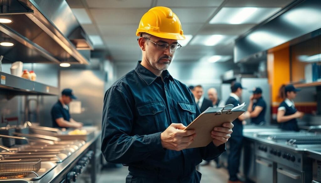 A professional safety inspector, dressed in a navy blue uniform with a safety helmet, conducts a thorough safety inspection at a busy fast-food restaurant kitchen. In the foreground, the inspector examines a checklist on a clip board, focusing intently on the equipment. The middle ground features various kitchen appliances such as fryers and grills, carefully organized and shimmering under bright overhead fluorescent lights. In the background, vivid images of staff members in professional attire cooperate efficiently, emphasizing teamwork and compliance with safety standards. The atmosphere is serious yet dynamic, capturing the operational hustle of the kitchen, characterized by a mix of warm and cool lighting to portray both urgency and professionalism. The angle is slightly elevated, giving a comprehensive view of the inspection process.
